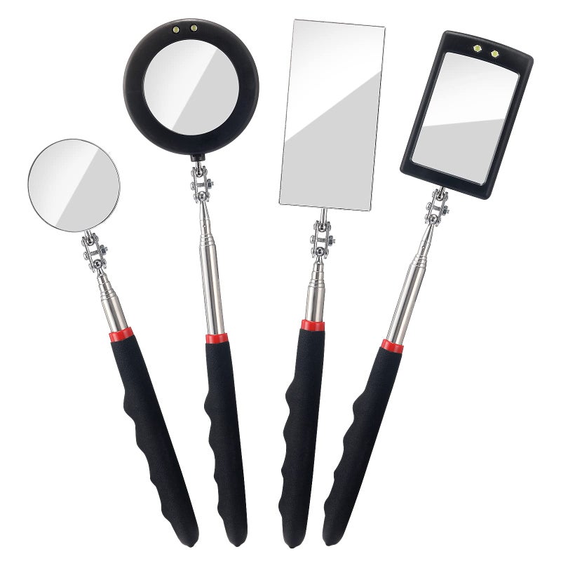 KABUDA 4PCS Telescoping Inspection Mirror LED Lighted Inspection Mirror for Mechanic Checking Vehicle Car Eyelashes Mouth Small Parts Observation Extendable Rectangle Round