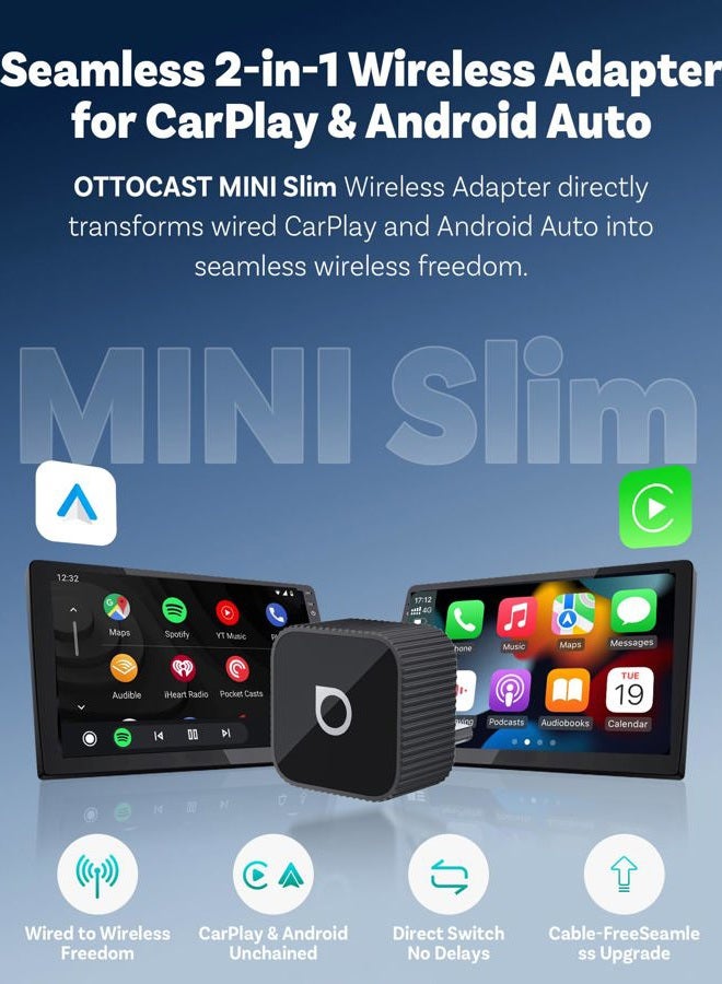 Ottocast 2026 Upgrade OTTOCAST Mini Slim (USB-C Edition), 2-in-1 Wireless CarPlay & Android Car Adapter for iOS 10+ & Android 11+, Multiuser, Plug & Play Converts Wired to Wireless(Black) - Image 2