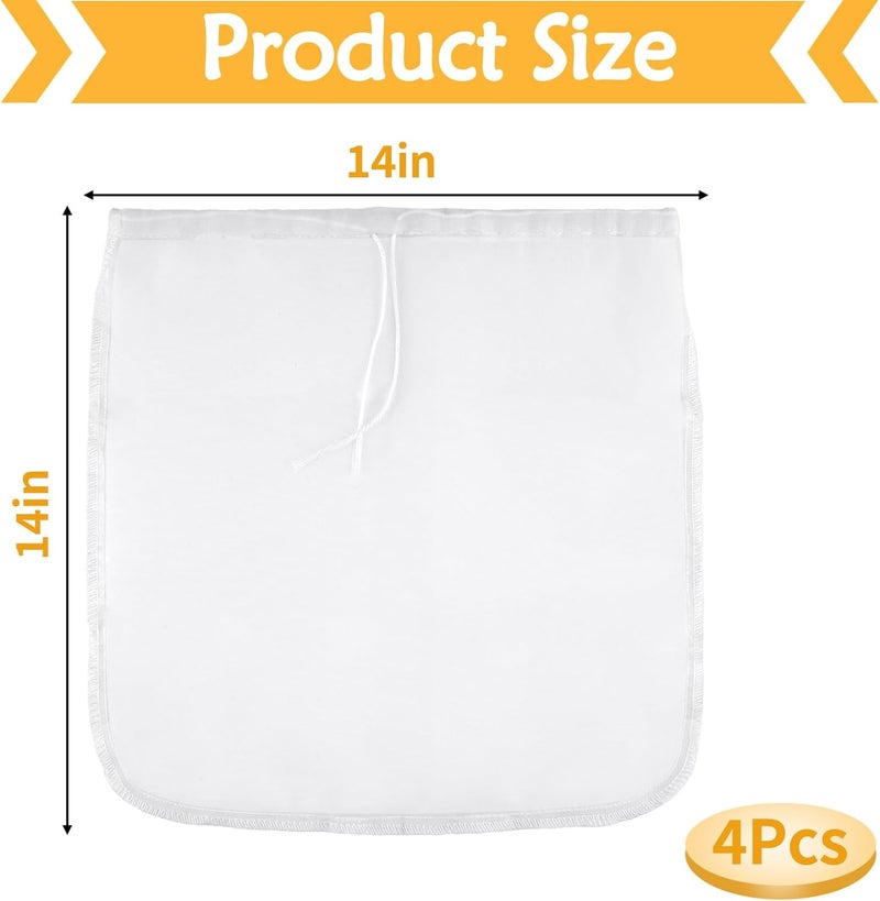 Mkobon 4 Pcs 14"x14" Nut Milk Bag, Fine Mesh Nylon Cheese Cloth Bag for Straining, Reusable Strainer Bags for Almond Milk, Yogurt, Juice, Cheese Making, Cold Brew Coffee, Beer Tea - Image 2