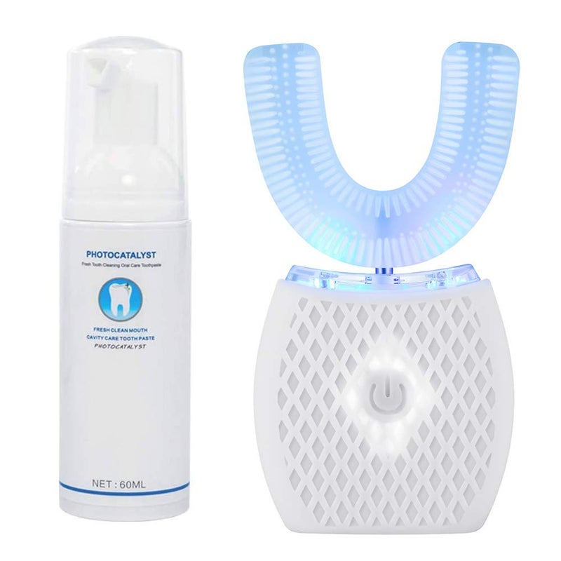 Maybuy Ultrasonic Automatic Toothbrush, Ultrasonic U-Shaped Toothbrushes for Adult, 360Â° Electric Sonic Tooth Brush with Automatic Timer, Wireless Charging Teethbrush Kit for Travel Or Home (White) - Image 1