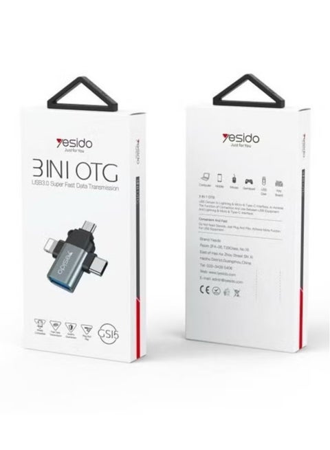 GS15 OTG Adapter 3 In 1 USB 2.0 to Type-C, Micro, Lightning Adapter – Universal OTG Connector for Smartphones, Tablets, and Devices – Fast Data Transfer, Compact Design