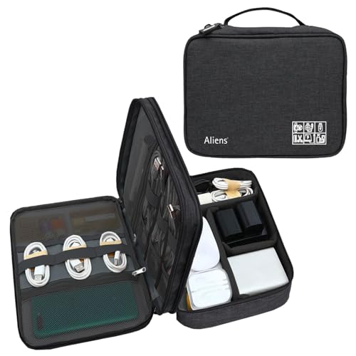 Aliens Double Layer Gadget Travel Tech Organizer Case Bag Pouch/Electronic/Toiletry Organiser/Cosmetic Kit Polyester Water-Proof for Ipad,Charger,Hard Disk,Cables,Laptop & PC Accessories-Black - Image 1