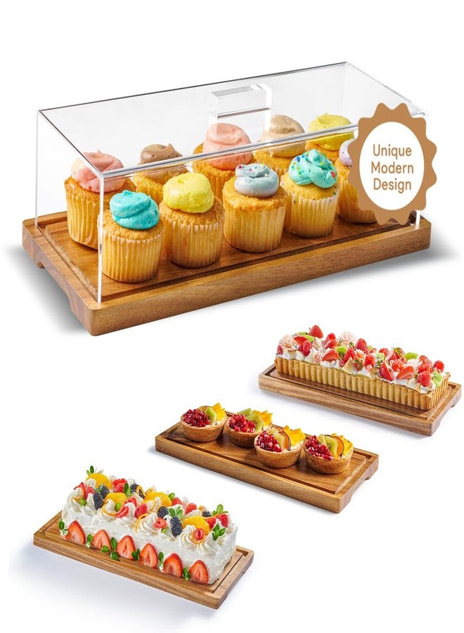 HOMESPHERE Cake Display with Lid - Acacia Wood Dessert Stand & Wooden Charcuterie Board with Lid for Loaf Cakes, Bread, Pastries, Cheese, Large Rectangle Wood Tray Platter & Acrylic Cover, 15 x 6.25” - Image 1