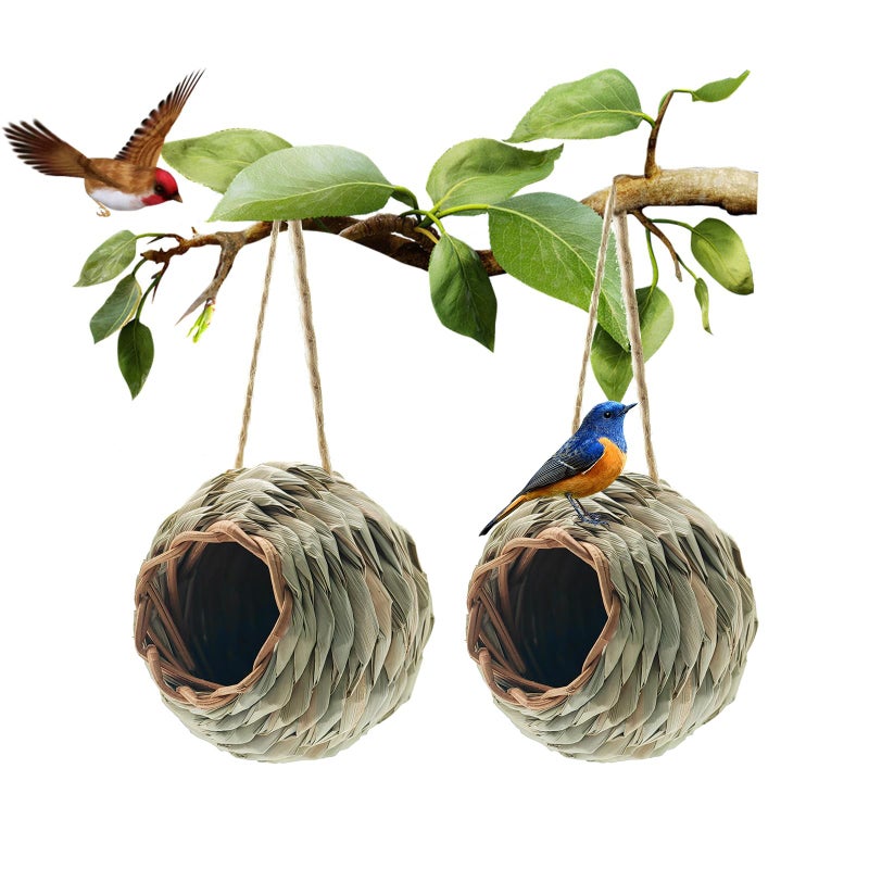 WDEFUN Humming Bird Houses for Outdoor Hanging, Natural Grass Bird Hut,Hand Woven Hummingbird Nest,Wren Finch Bird House for Garden Window Outdoor Home 2 Pack - Image 1