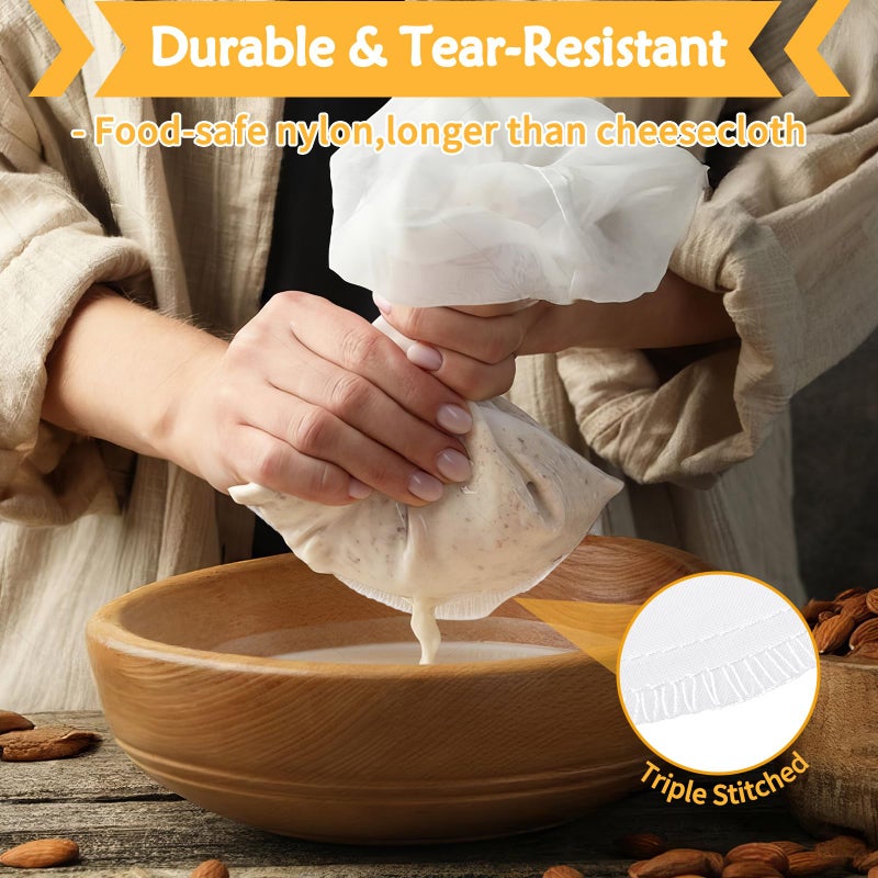 Mkobon XL 4 Pcs Food Grade Nut Milk Bag Reusable, Grade 100, 12" x 12" Nut Bag Strainer, Fine Mesh Nylon Cheese Cloth Bags for Straining Oat Almond Milk, Greek Yogurt, Juice, Cold Brew Coffee, Beer Tea - Image 3