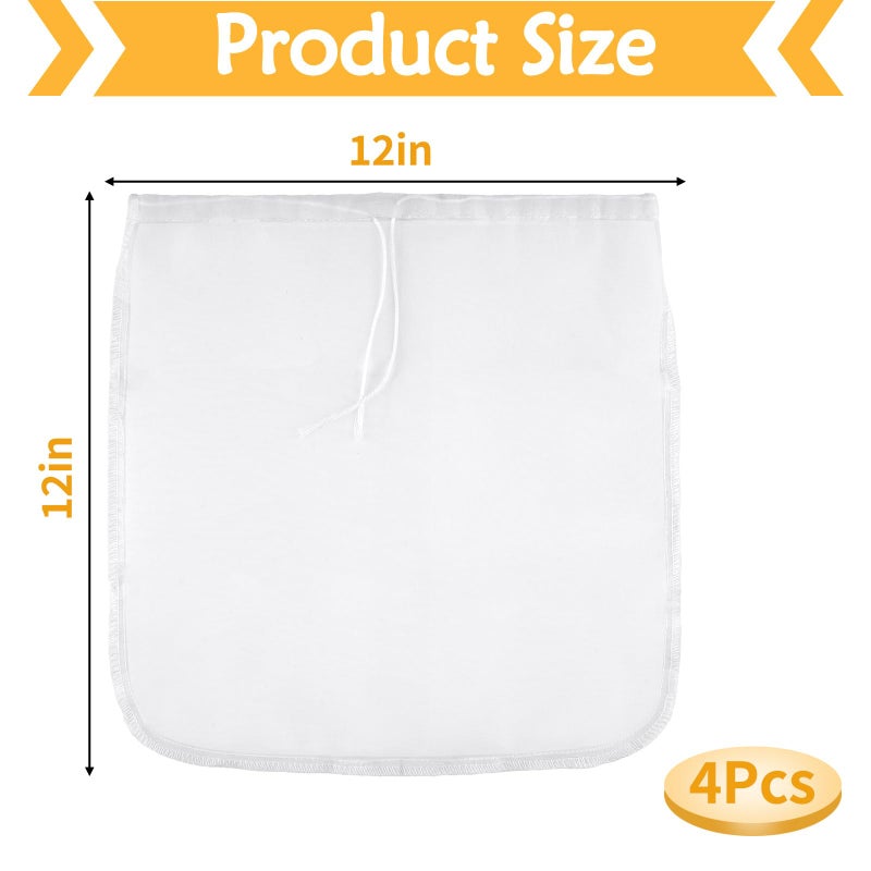 Mkobon XL 4 Pcs Food Grade Nut Milk Bag Reusable, Grade 100, 12" x 12" Nut Bag Strainer, Fine Mesh Nylon Cheese Cloth Bags for Straining Oat Almond Milk, Greek Yogurt, Juice, Cold Brew Coffee, Beer Tea - Image 2