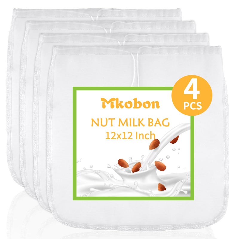 Mkobon XL 4 Pcs Food Grade Nut Milk Bag Reusable, Grade 100, 12" x 12" Nut Bag Strainer, Fine Mesh Nylon Cheese Cloth Bags for Straining Oat Almond Milk, Greek Yogurt, Juice, Cold Brew Coffee, Beer Tea - Image 1