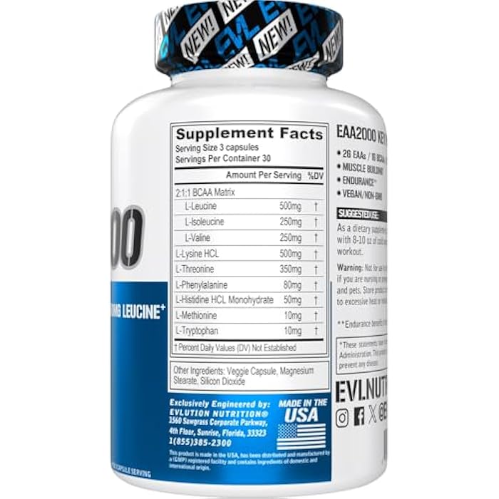 Evlution Nutrition EAA2000 - Pre & Post Workout Capsules - Muscle Building + Recovery Supplement - 2g Essential Amino Acids + 1g BCAAs - Endurance + Energy Support - 30 Servings - Image 2