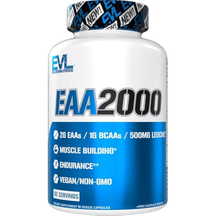 Evlution Nutrition EAA2000 - Pre & Post Workout Capsules - Muscle Building + Recovery Supplement - 2g Essential Amino Acids + 1g BCAAs - Endurance + Energy Support - 30 Servings - Image 1