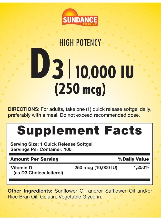 Sundance Vitamin D3 10,000 IU (250 mcg) | 100 Softgels | High Potency Formula | Non-GMO and Gluten Free Supplement - Image 2