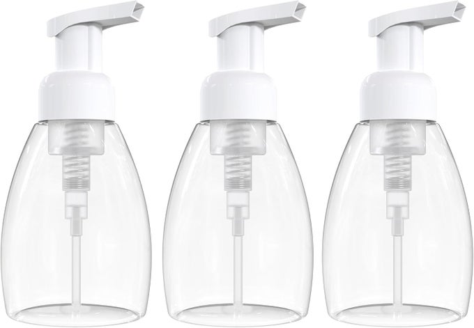 FOAMING SOAP DISPENSER PUMP BOTTLES BPA FREE EMPTY REFILLABLE PLASTIC CONTAINER FOR LIQUID SOAP KITCHEN BATHROOM COMMERCIAL 8OZ 250ML PACK OF 3 CLEAR
