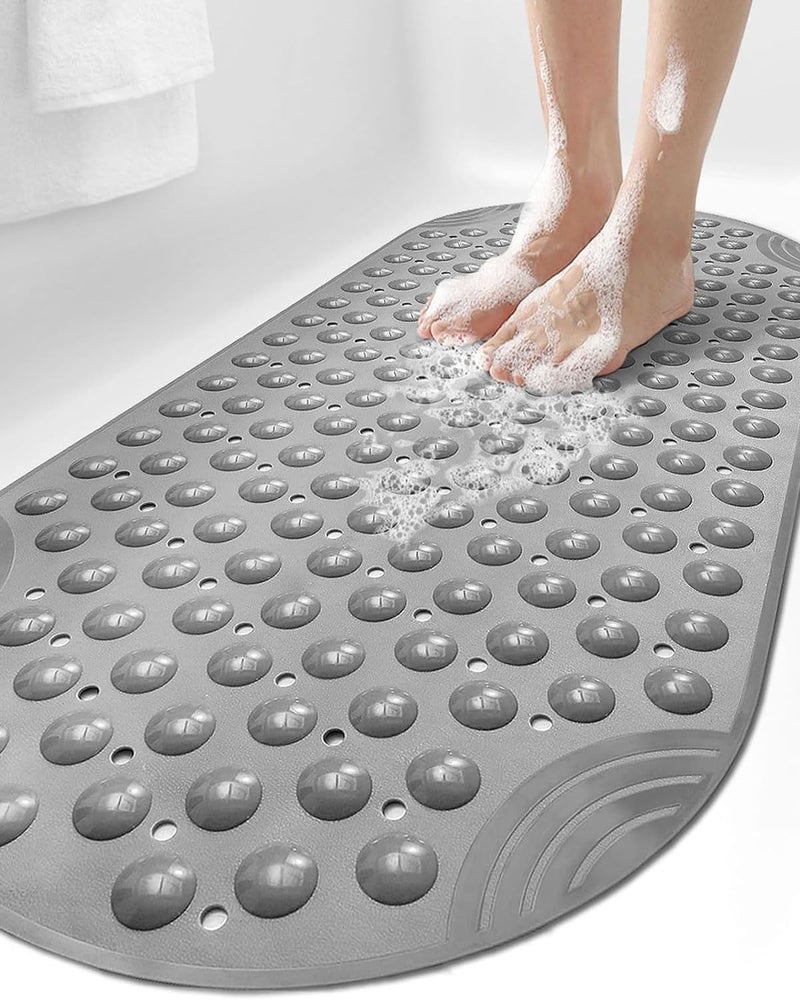 DEXI Bathtub Mat Non Slip 16x35 Shower Floor Mats for Bathroom Bath Tub Washable Oval Bathmat with Suction Cups and Drain Holes Gray