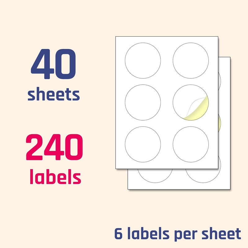 TownStix 40 ورقة ملصقات دائرية بيضاء قابلة للطباعة بحجم 3 بوصة لطابعات الليزر والحقن، 85 × 11 بوصة ورقة رسائل - Image 2