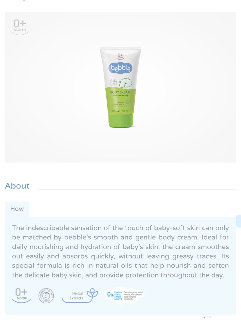 Bebble Baby Body Cream | Nourishes Moisturizes Hydrates Skin | 150ml - Image 3
