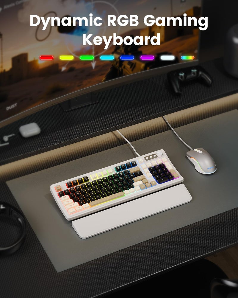 SABLUTE لوحة مفاتيح وماوس ألعاب سابلوت السلكية، إضاءة خلفية RGB، لوحة مفاتيح ميكانيكية للشبكة، مقبض وسائط متعددة ومضاد للتداخل، مسند معصم جلدي مريح للألعاب (أبيض) - Image 2