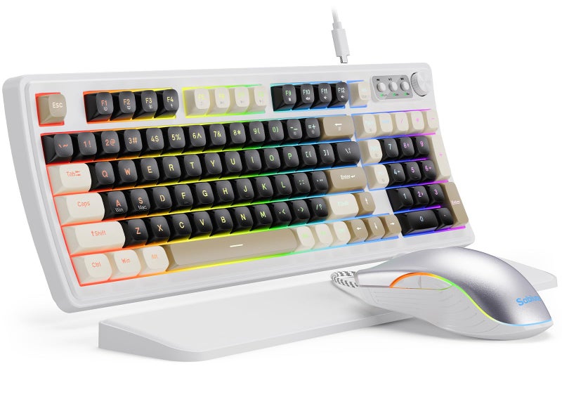 SABLUTE لوحة مفاتيح وماوس ألعاب سابلوت السلكية، إضاءة خلفية RGB، لوحة مفاتيح ميكانيكية للشبكة، مقبض وسائط متعددة ومضاد للتداخل، مسند معصم جلدي مريح للألعاب (أبيض) - Image 1
