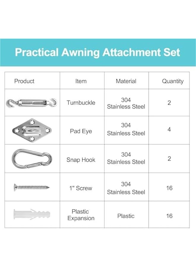 TRASSLE Sun Shade Sail Hardware Kit 6 Inch Heavy Duty 304 Stainless for Triangle & Rectangle Outdoor Patio Canopy Garden Installation - Image 5