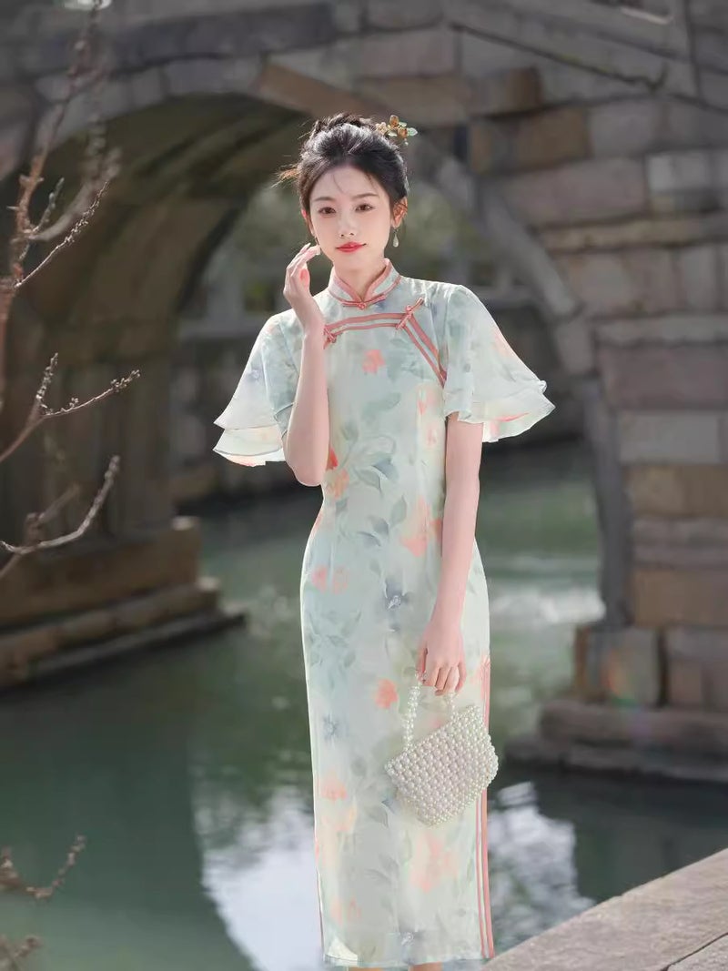 2024 Daily National Style Elegant Elegant Temperament Goddess Young Double Flying Sleeve Improved Long Cheongsam - Image 4
