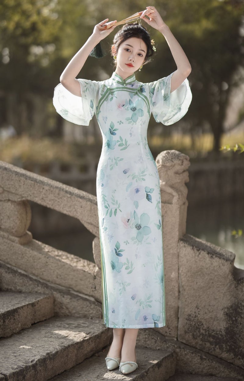 2024 Daily National Style Elegant Elegant Temperament Goddess Young Double Flying Sleeve Improved Long Cheongsam - Image 1