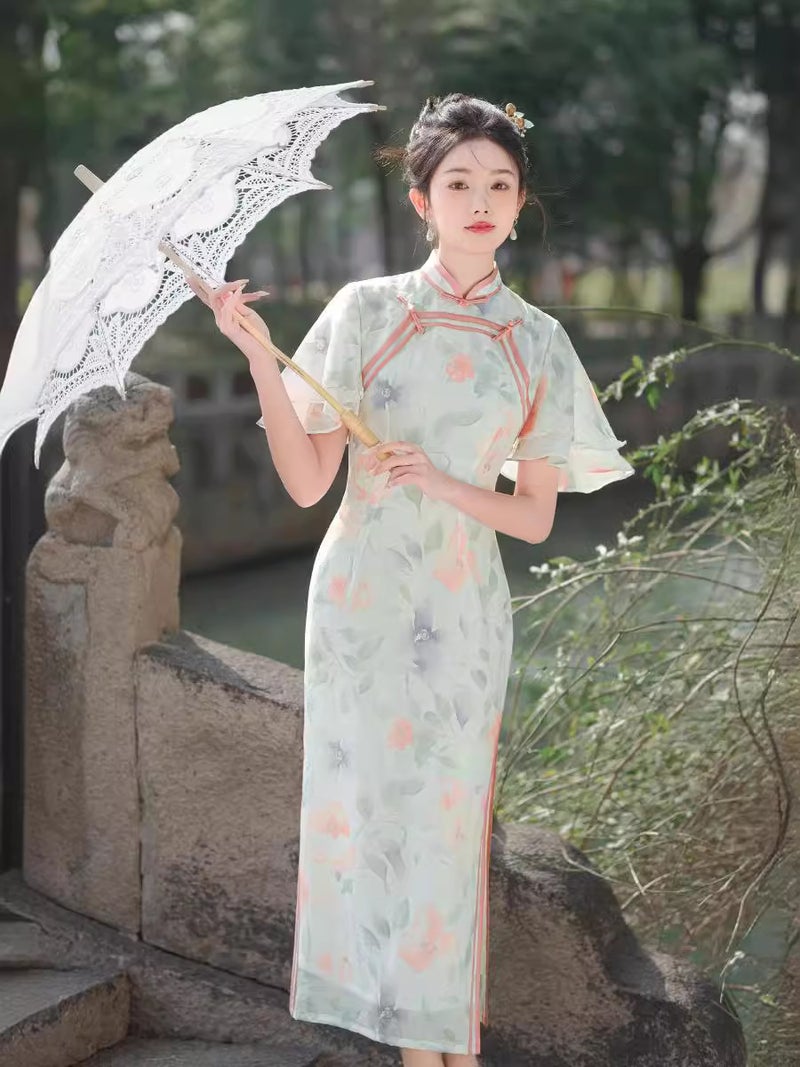 2024 Daily National Style Elegant Elegant Temperament Goddess Young Double Flying Sleeve Improved Long Cheongsam - Image 3