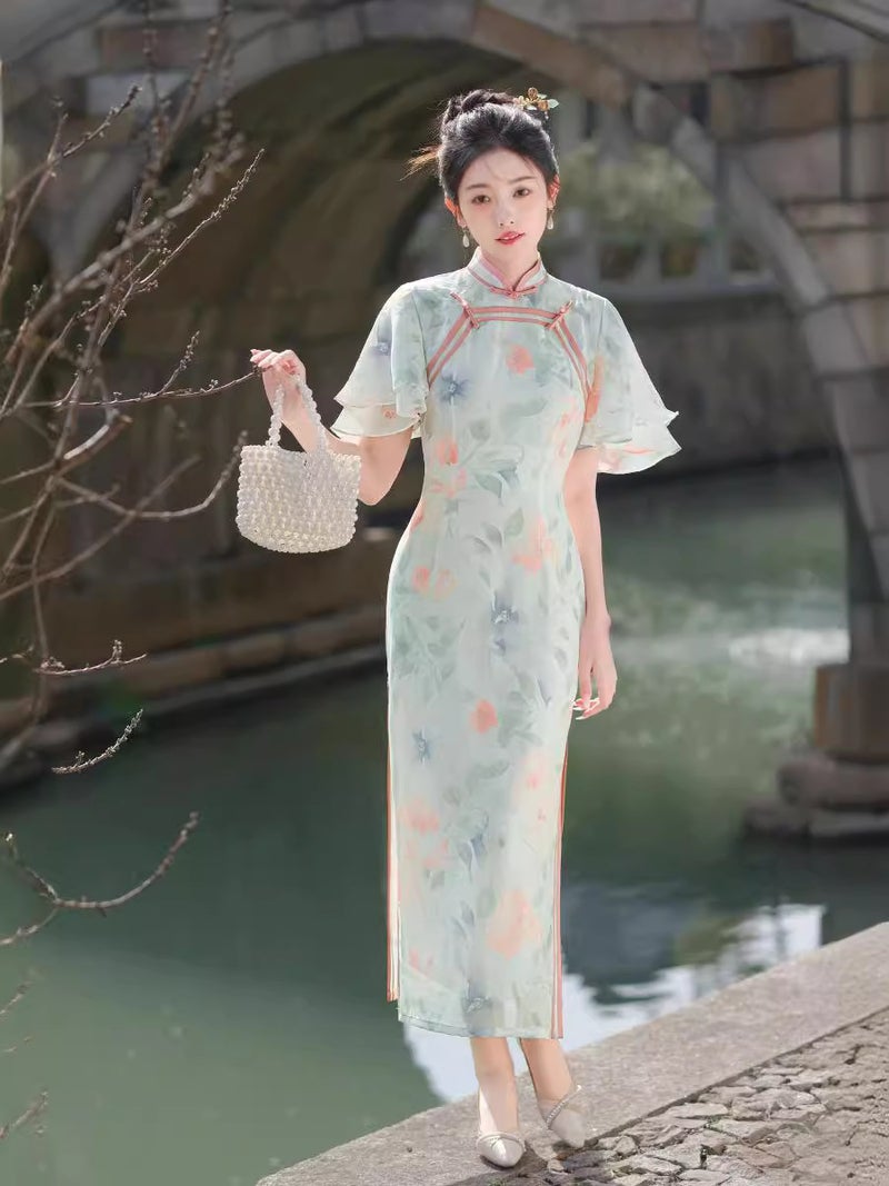 2024 Daily National Style Elegant Elegant Temperament Goddess Young Double Flying Sleeve Improved Long Cheongsam - Image 5