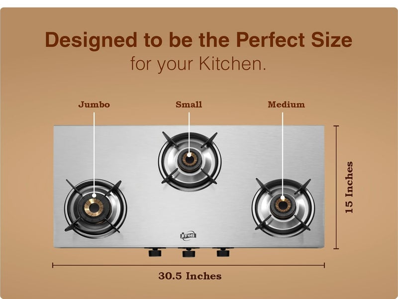 Jyoti 335 Bahubali 3D Swirl 3 Burner Manual Gas StoveGas Saving 3D Swirl Brass Burners3 MM Stainless Steel OnePiece Body Flame Guard Pan Supports Spacious Design For Huge Utensils ISI Marked - Image 5