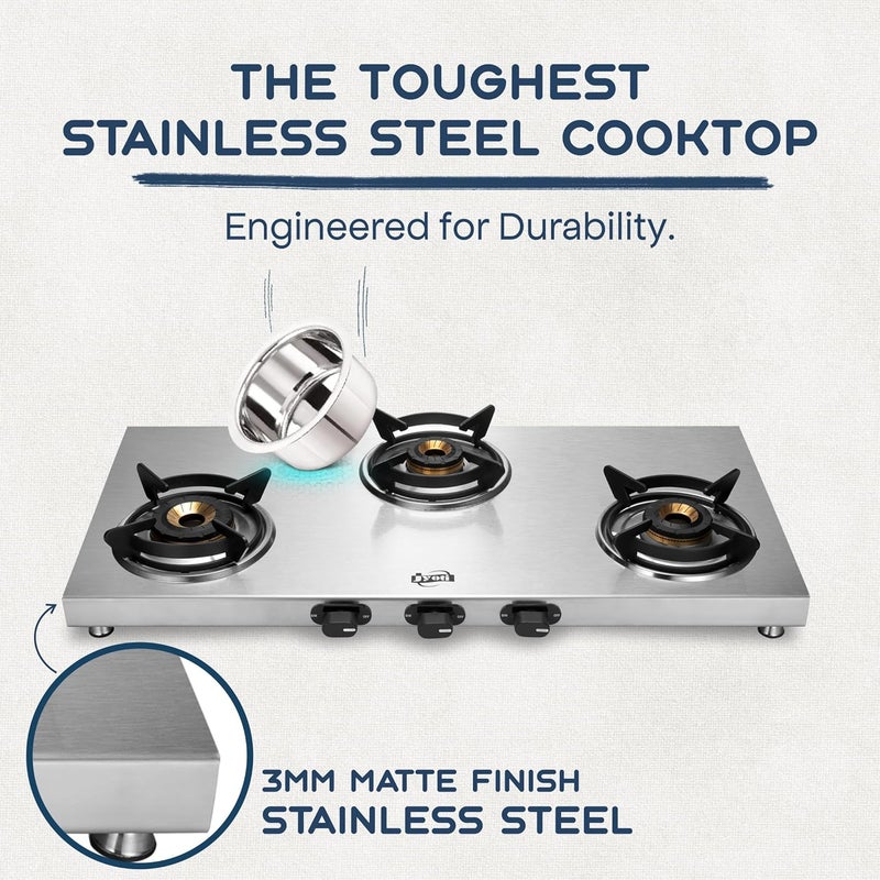 Jyoti 335 Bahubali 3D Swirl 3 Burner Manual Gas StoveGas Saving 3D Swirl Brass Burners3 MM Stainless Steel OnePiece Body Flame Guard Pan Supports Spacious Design For Huge Utensils ISI Marked - Image 2