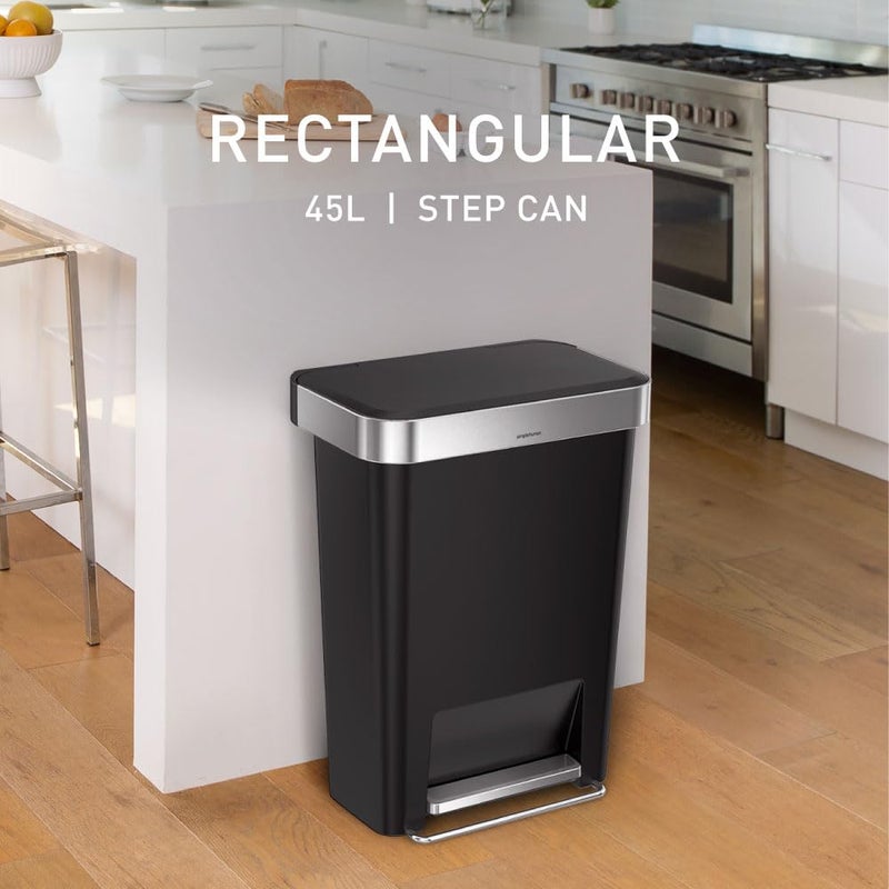 simplehuman 45 Liter / 12 Gallon Rectangular Kitchen Step Trash Can with Soft-Close Lid, Black Plastic - Image 2