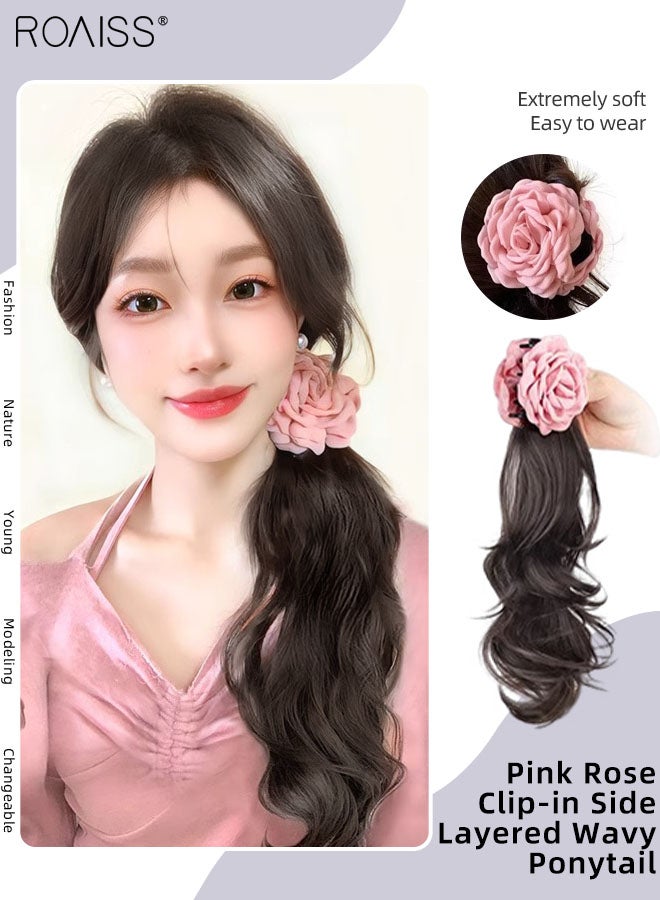 رويس ذيل حصان مموج متعدد الطبقات بمشبك وردي وردي، وصلات شعر طبيعية من ذيل الحصان، قطعة شعر صناعية للنساء والفتيات، تسريحة شعر لحفلات الزفاف، ناعمة للاستخدام اليومي، 45 سم، بني وأسود - Image 1
