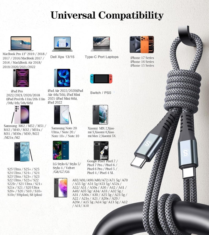 sweguard USB C Cable [2-Pack,2M ],100W Power Delivery PD Braided Super Fast Charge Cable USB Type C for iPhone 15 16 17 Pro Max Plus,MacBook,iPad Pro,Galaxy S25 S24 S23 S22 S21, Huawei - Image 5