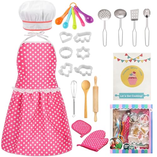 MEIDAYAI Kids Cooking Baking Set Kids Kitchen Pretend Play Toys Children Chef Role Play Costume Set Chef Hat and Matching Pink Apron Birthday Xmas Gifts for 38 Year Old Girls Toys - Image 1