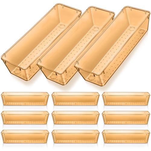 Maitys 12 Pcs Clear Drawer Organizer 9 x 3 x 2 Inches Plastic Rectangle Trays Makeup Vanity Storage Bins and Kitchen Drawers Dividers for Office Desk Silverware Kitchen UtensilsChampagne - Image 1