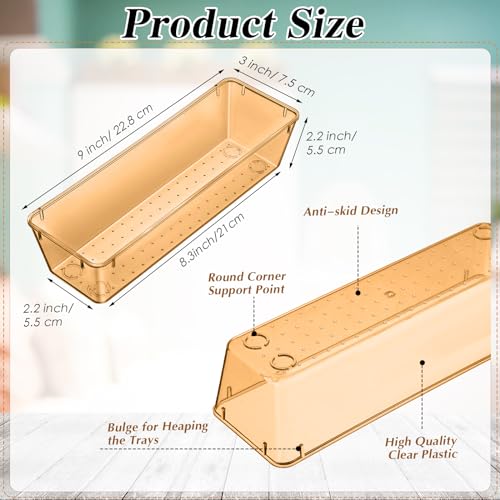 Maitys 12 Pcs Clear Drawer Organizer 9 x 3 x 2 Inches Plastic Rectangle Trays Makeup Vanity Storage Bins and Kitchen Drawers Dividers for Office Desk Silverware Kitchen UtensilsChampagne - Image 3