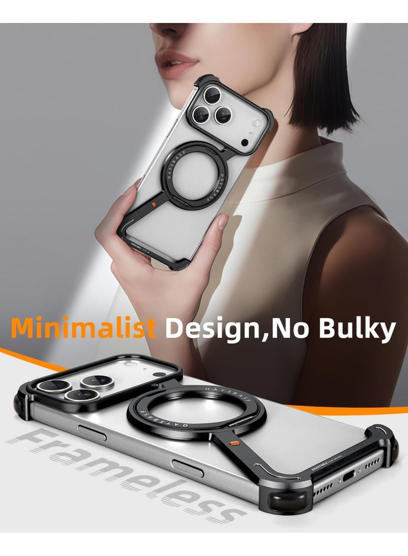 عبوتان من أغطية الهاتف بتصميم بسيط لهاتف iPhone 17 Pro Max، مع مسند قابل للدوران 360 درجة، مصنوع من الألومنيوم، بتصميم بدون إطار، وغطاء واقٍ مقاوم للصدمات مع واقي شاشة ثلاثي الأبعاد - أسود - Image 2