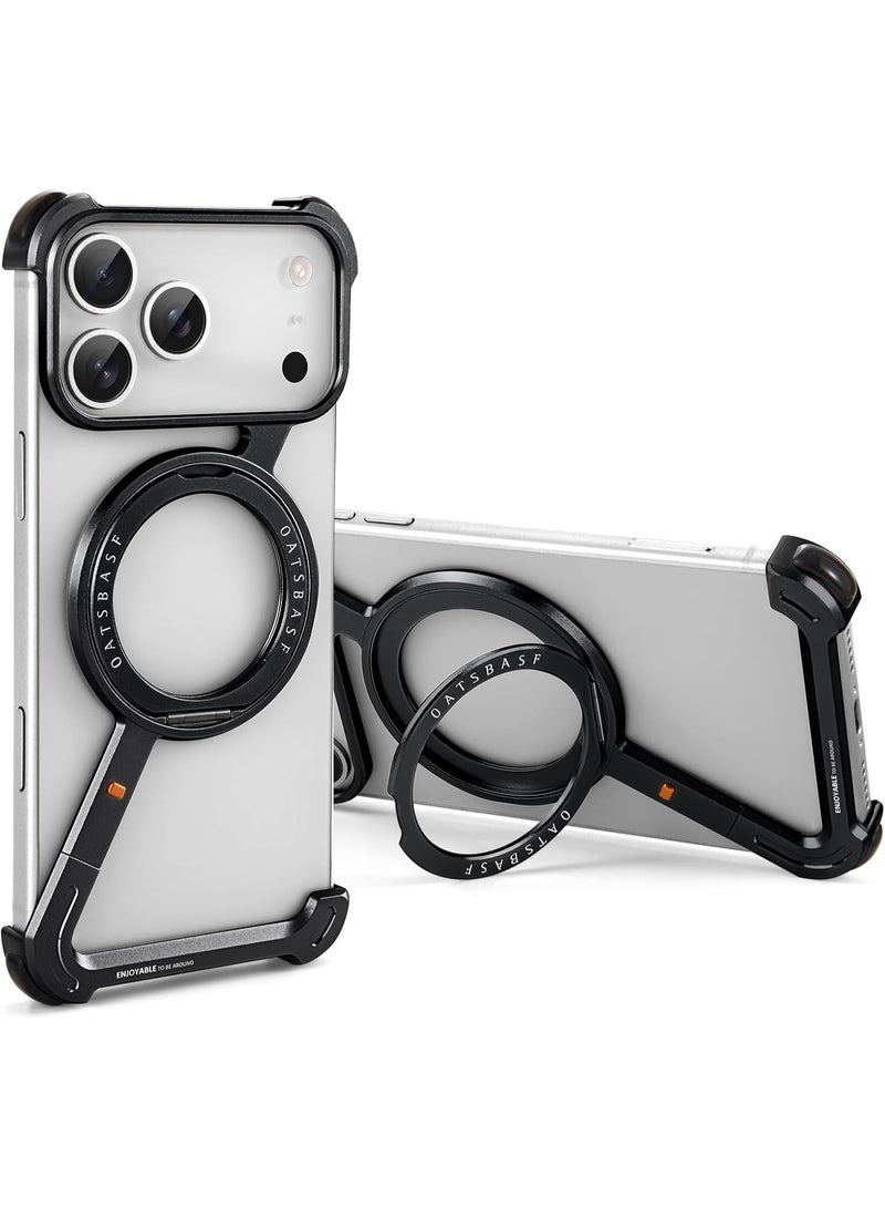 عبوتان من أغطية الهاتف بتصميم بسيط لهاتف iPhone 17 Pro Max، مع مسند قابل للدوران 360 درجة، مصنوع من الألومنيوم، بتصميم بدون إطار، وغطاء واقٍ مقاوم للصدمات مع واقي شاشة ثلاثي الأبعاد - أسود - Image 1