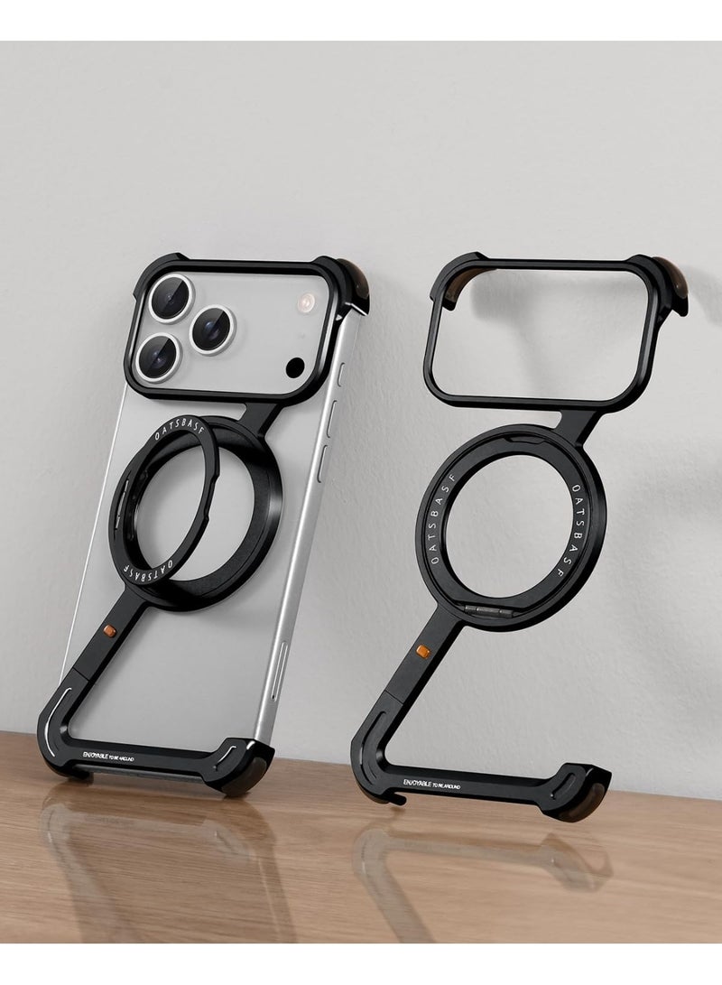 عبوتان من أغطية الهاتف بتصميم بسيط لهاتف iPhone 17 Pro Max، مع مسند قابل للدوران 360 درجة، مصنوع من الألومنيوم، بتصميم بدون إطار، وغطاء واقٍ مقاوم للصدمات مع واقي شاشة ثلاثي الأبعاد - أسود - Image 5