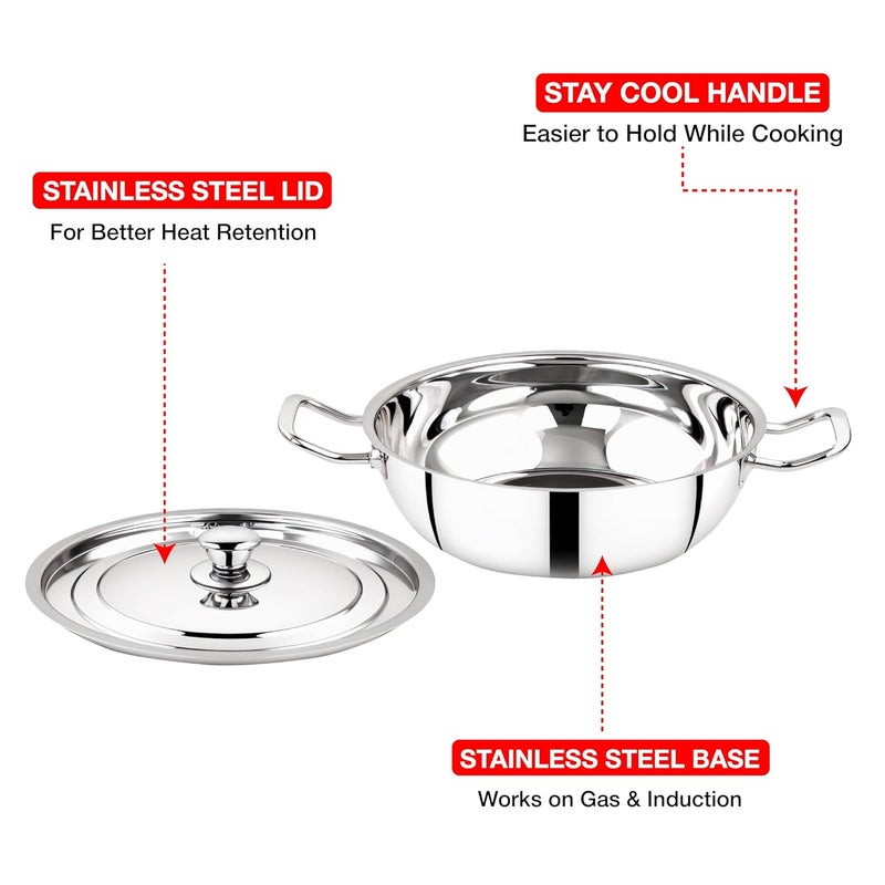 Thangam Classic Stainless Steel KadaiKadhi with Lid for Cooking NonStick Frying Pan 24cm Silver - Image 4