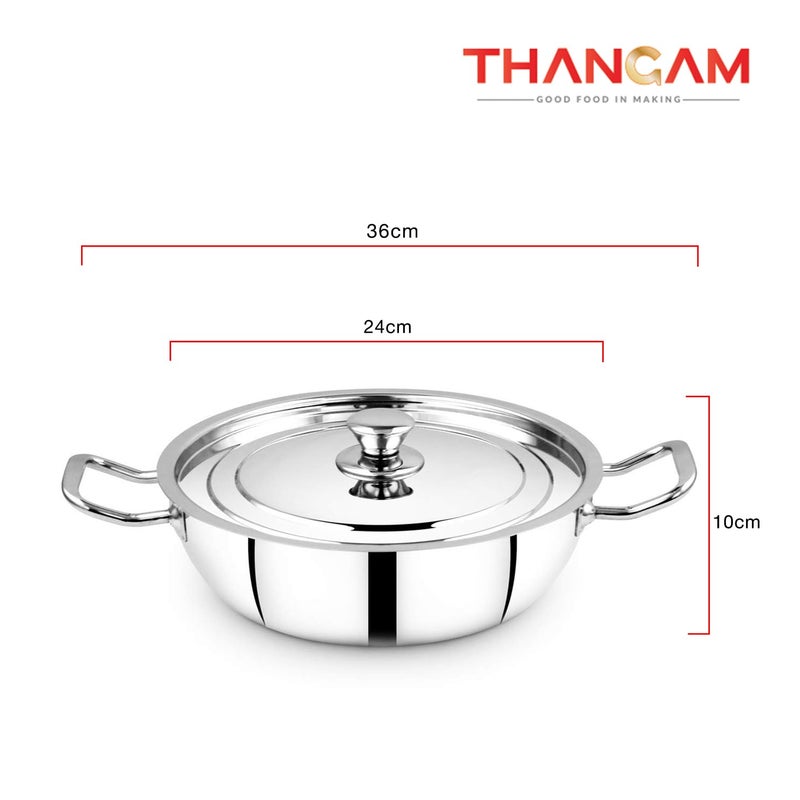 Thangam Classic Stainless Steel KadaiKadhi with Lid for Cooking NonStick Frying Pan 24cm Silver - Image 2