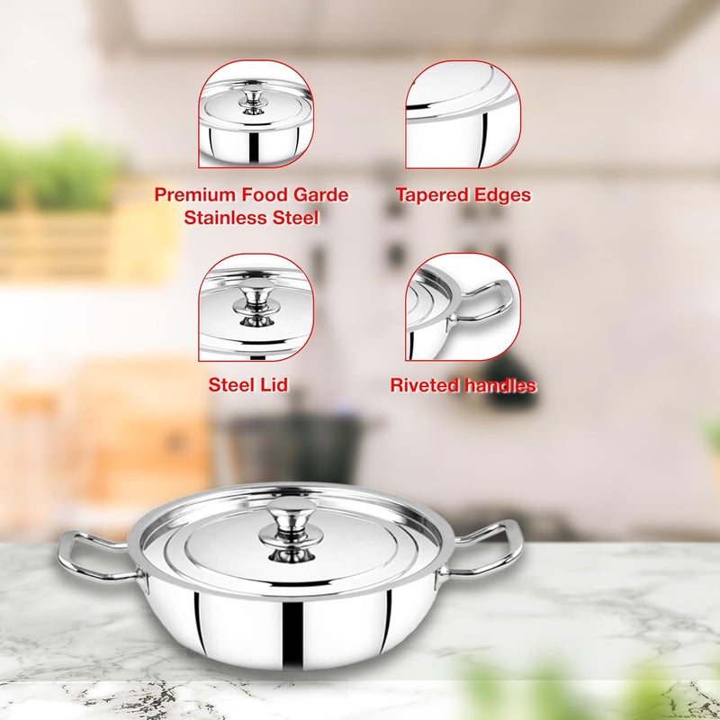 Thangam Classic Stainless Steel KadaiKadhi with Lid for Cooking NonStick Frying Pan 24cm Silver - Image 3