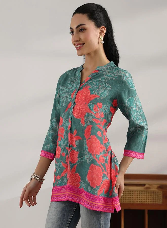 Libas Blue Printed Muslin Straight Kurti