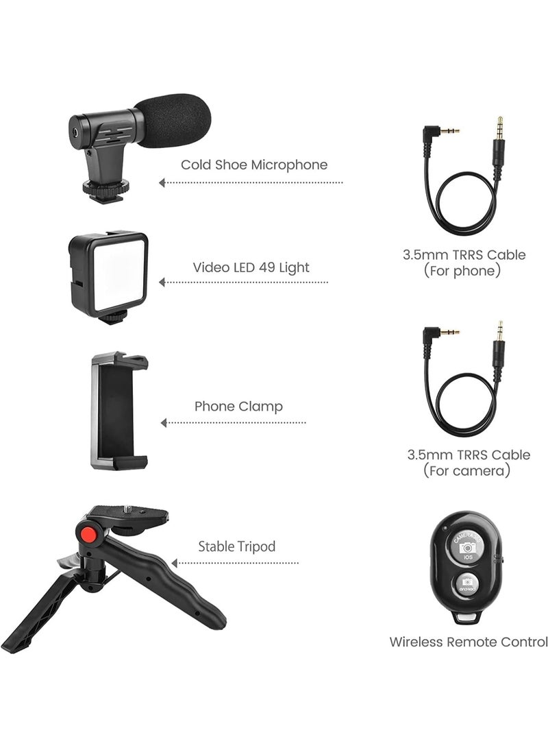 طقم تصوير مدوّنات فيديو 6 في 1 – ميكروفون شوتجان، ضوء سيلفي، حامل موبايل، حامل ثلاثي، قاعدة تثبيت، ورغوة عزل الضوضاء - Image 2