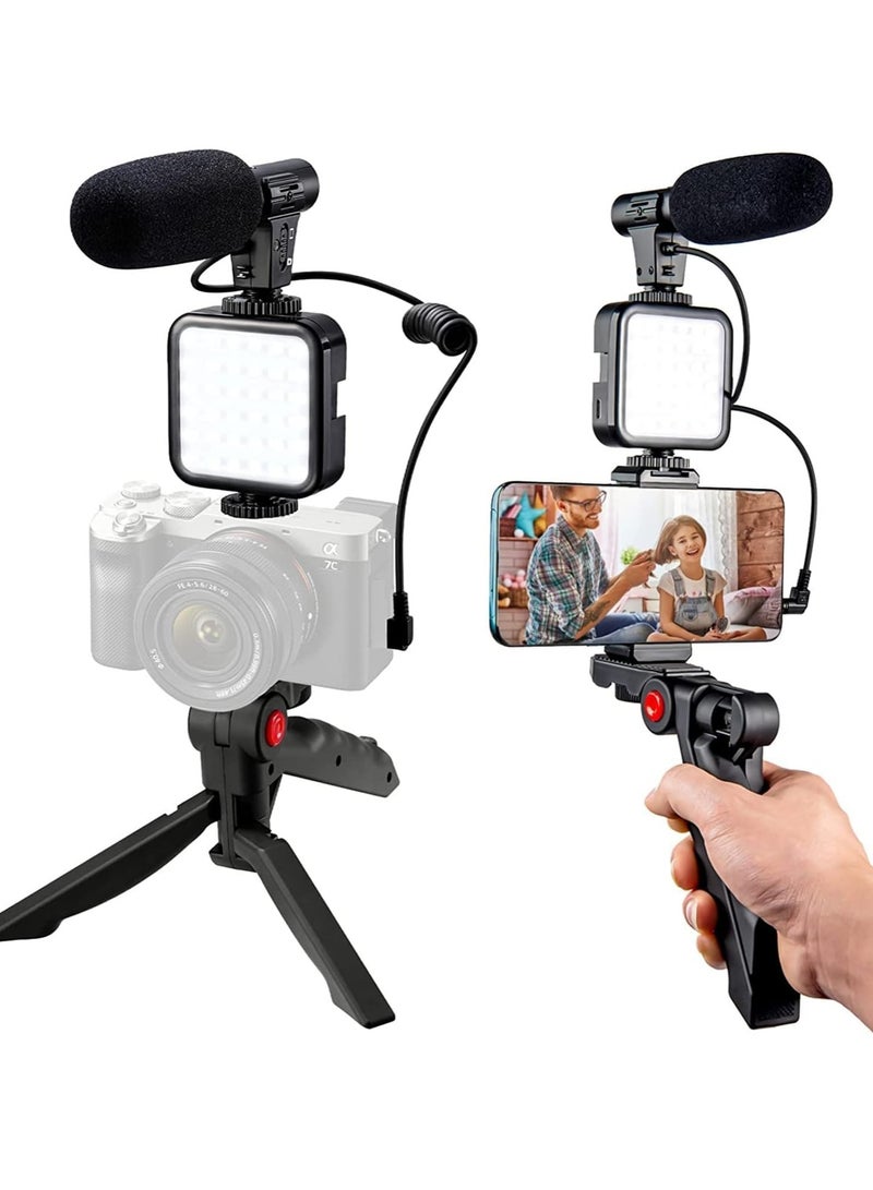 طقم تصوير مدوّنات فيديو 6 في 1 – ميكروفون شوتجان، ضوء سيلفي، حامل موبايل، حامل ثلاثي، قاعدة تثبيت، ورغوة عزل الضوضاء - Image 1
