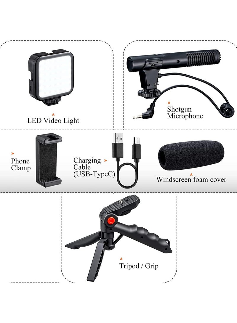 طقم تصوير مدوّنات فيديو 6 في 1 – ميكروفون شوتجان، ضوء سيلفي، حامل موبايل، حامل ثلاثي، قاعدة تثبيت، ورغوة عزل الضوضاء - Image 3