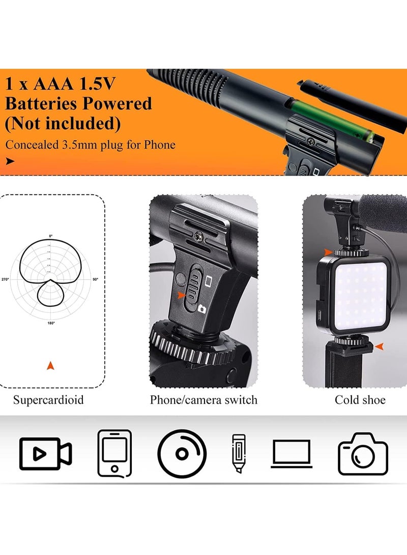 طقم تصوير مدوّنات فيديو 6 في 1 – ميكروفون شوتجان، ضوء سيلفي، حامل موبايل، حامل ثلاثي، قاعدة تثبيت، ورغوة عزل الضوضاء - Image 5