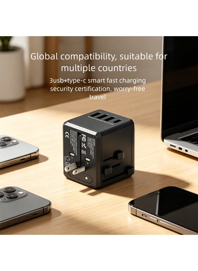 2.4A  3 USB u0026 1 TYPEC Universal International Power Travel Plug Adapter (Multi‑function)，AC Outlet for Europe USA UK AUS Asia Black - Image 2