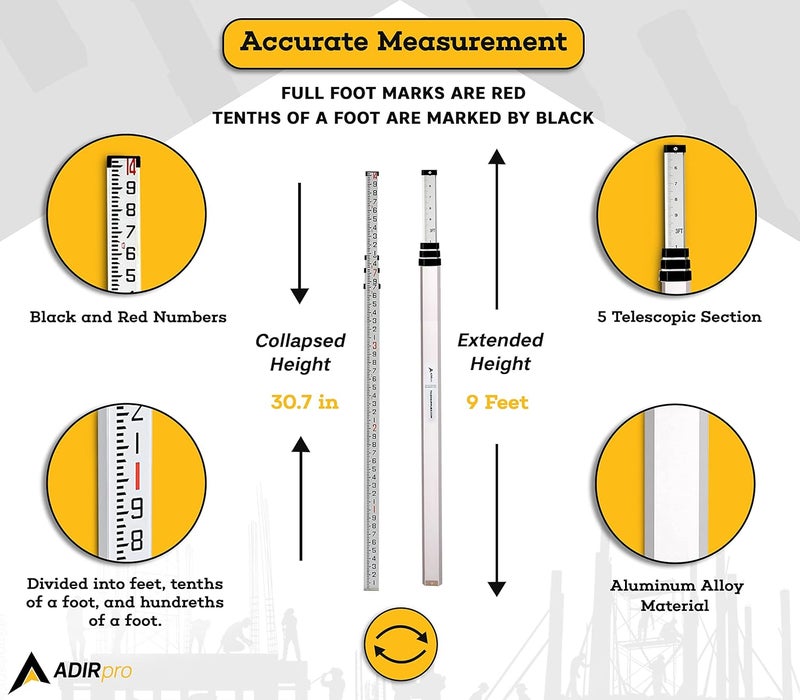 AdirPro 14-Foot Aluminum Grade Rod – 10ths, Dual Sided 4-Section Telescopic Leveling Rod – Bubble Level and Soft Carrying Case Included - Image 3