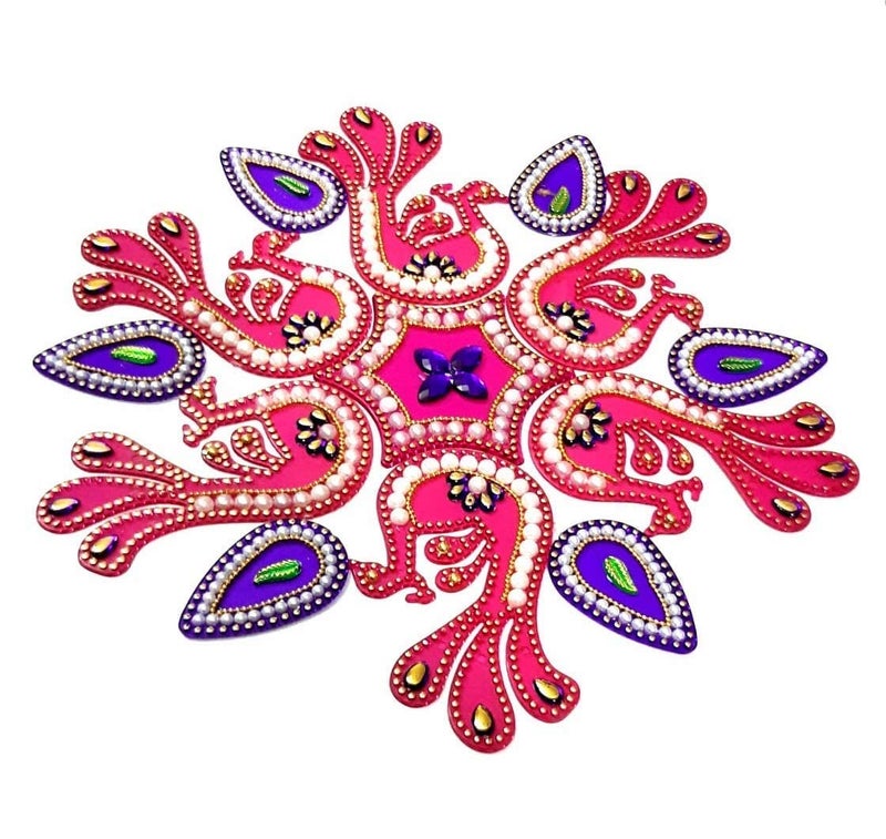 KRIWIN Acrylic 10-11 inches Dia - Floor/Wall/Table Rangoli Decorative Showpiece Pink (Peacock) - Image 1