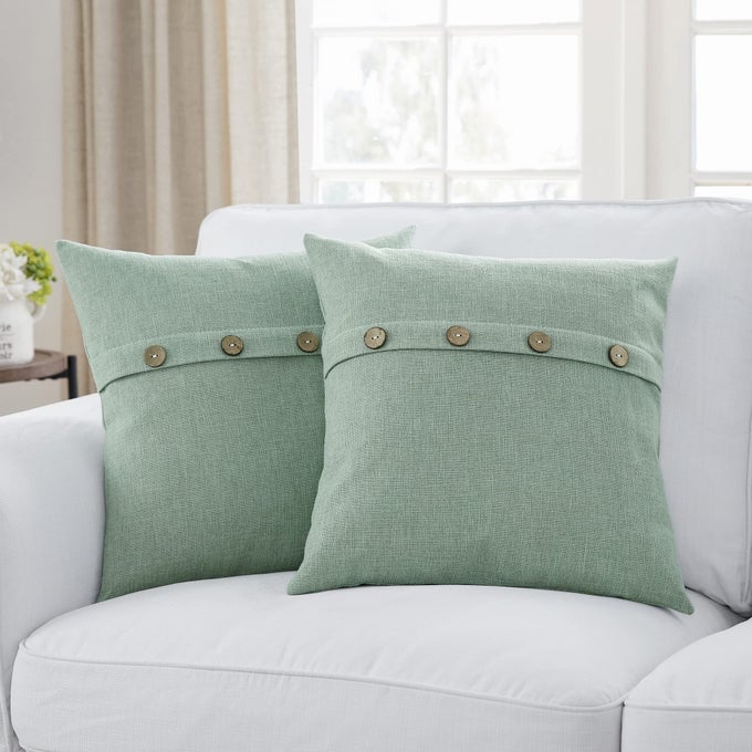 SET OF 2 SAGE GREEN SQUARE PILLOW COVERS 18 X 18 FARMHOUSE PILLOW COVERS WITH COCONUT BUTTONS FOR SOFA COUCH LIVING ROOM BEDROOM