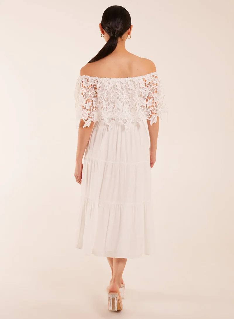Blue Vanilla Crochet Lace Shirred Waist Midi Dress