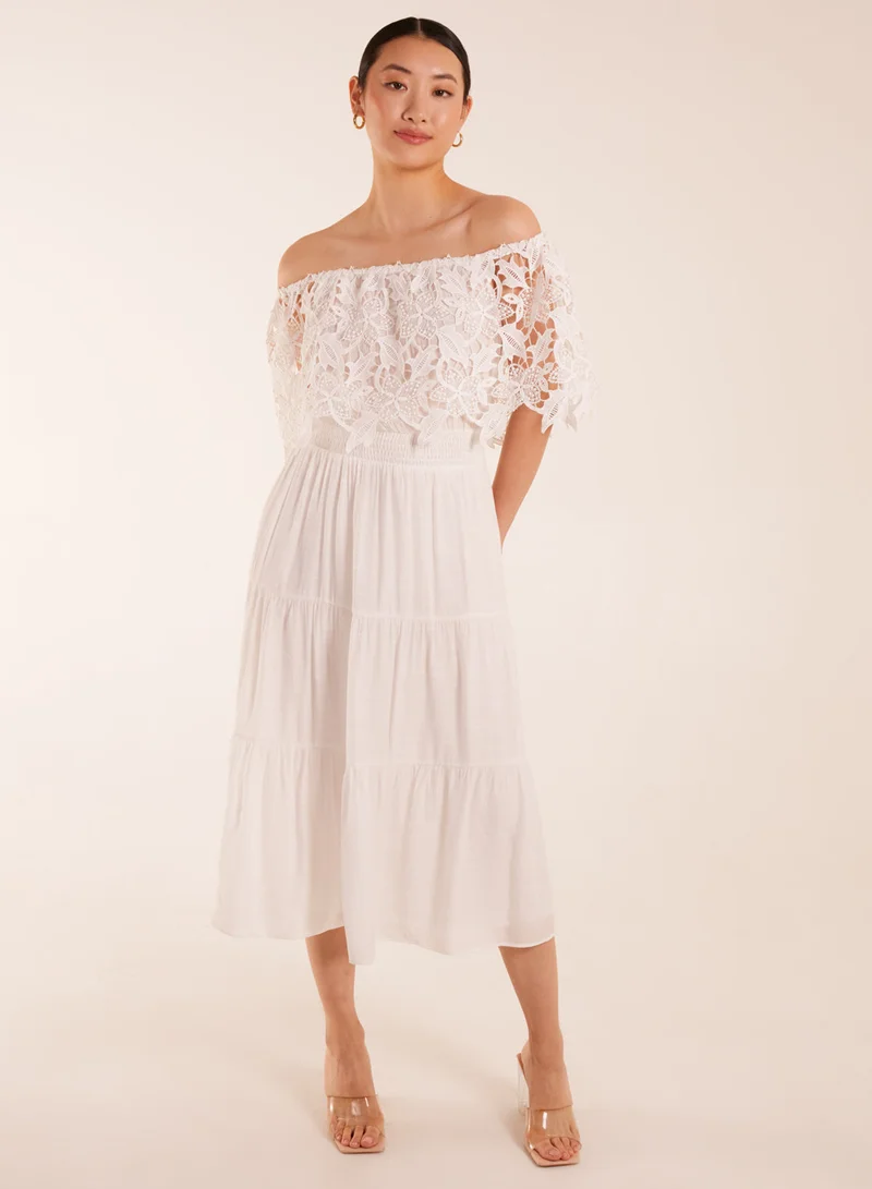 Blue Vanilla Crochet Lace Shirred Waist Midi Dress